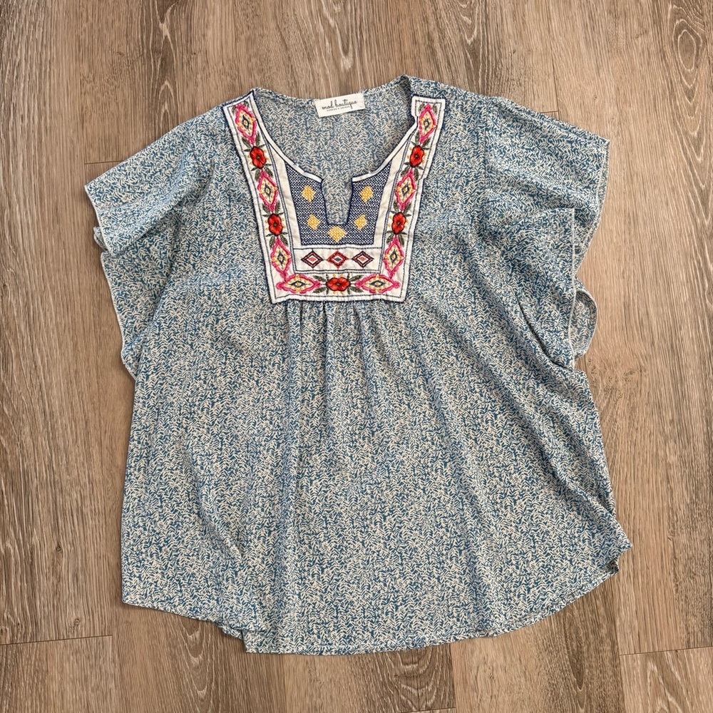 Blue Blouse with Embroidered Accents
